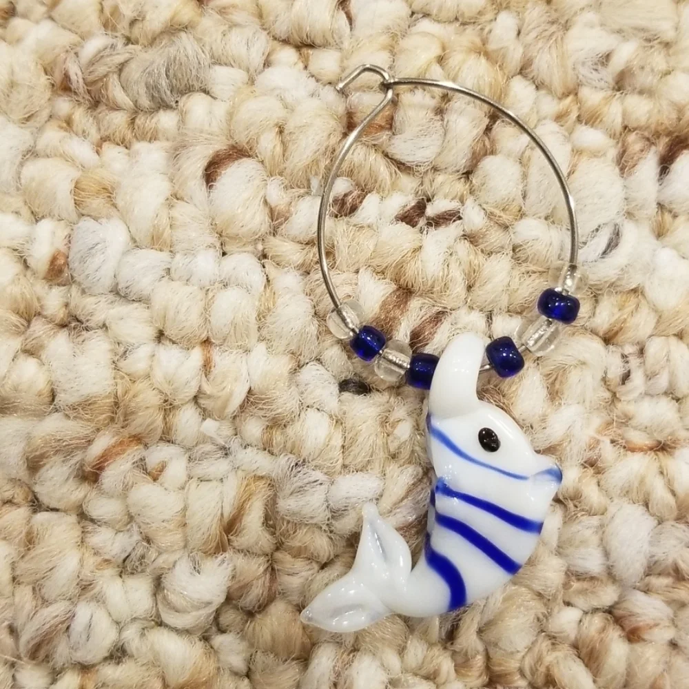HANDMADE Blue with White Wine Glass Charm Rings